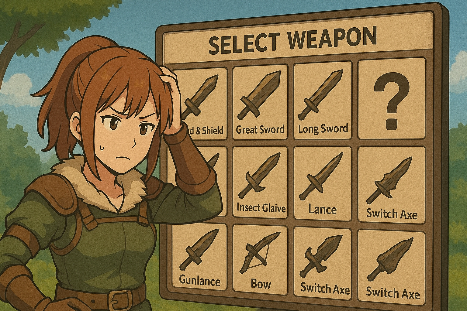 武器選びを悩んでいるハンターの画像