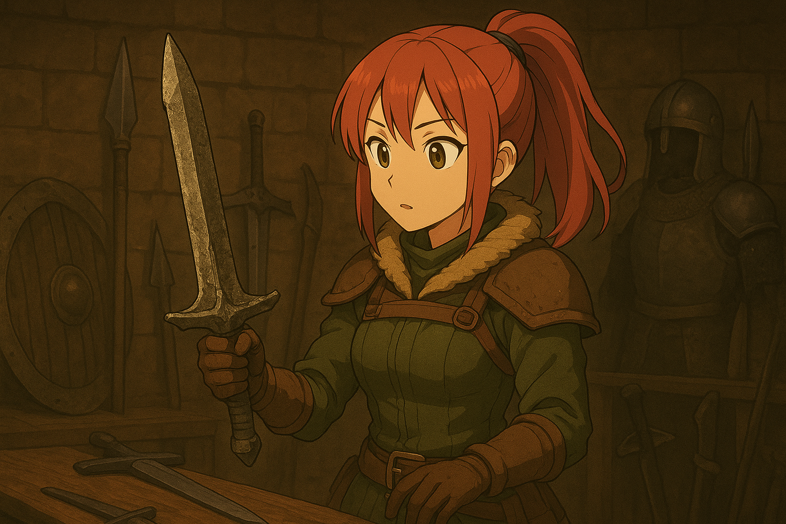 古代の武器を触っているハンター