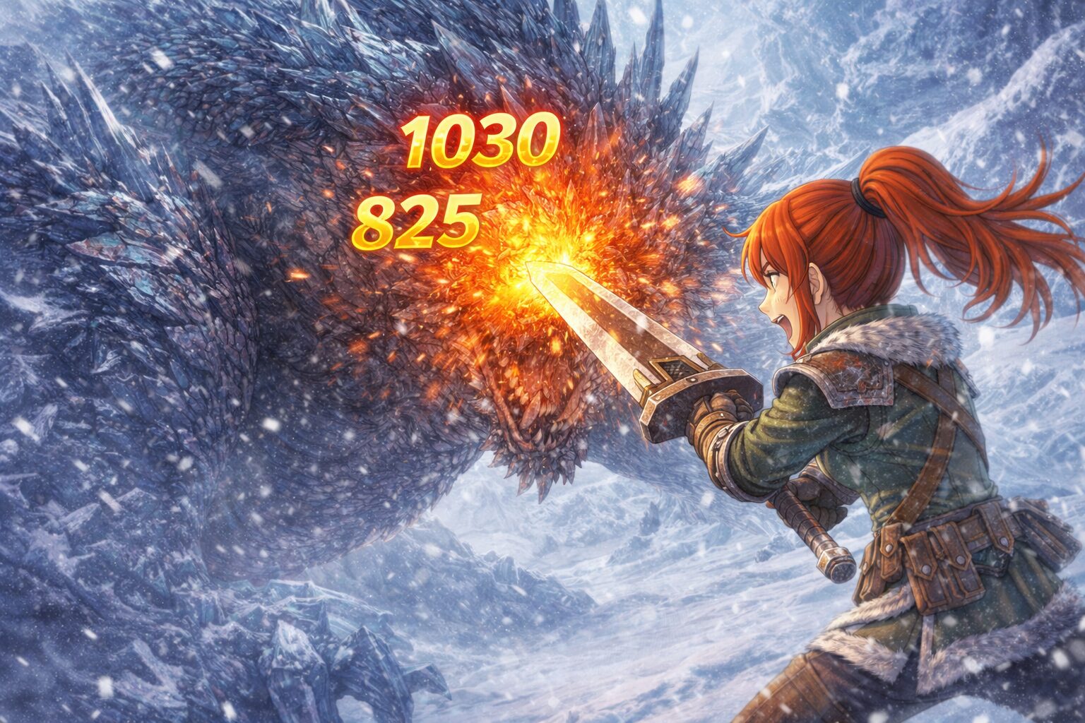 モンハンでハンターがモンスターの弱点を攻撃している画像