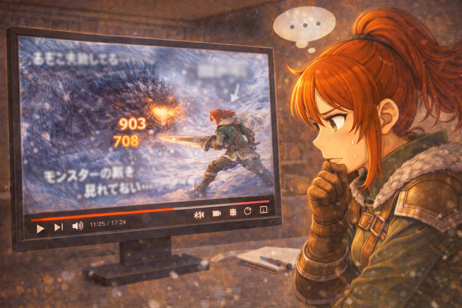 自分のプレイ動画を見返しているハンター