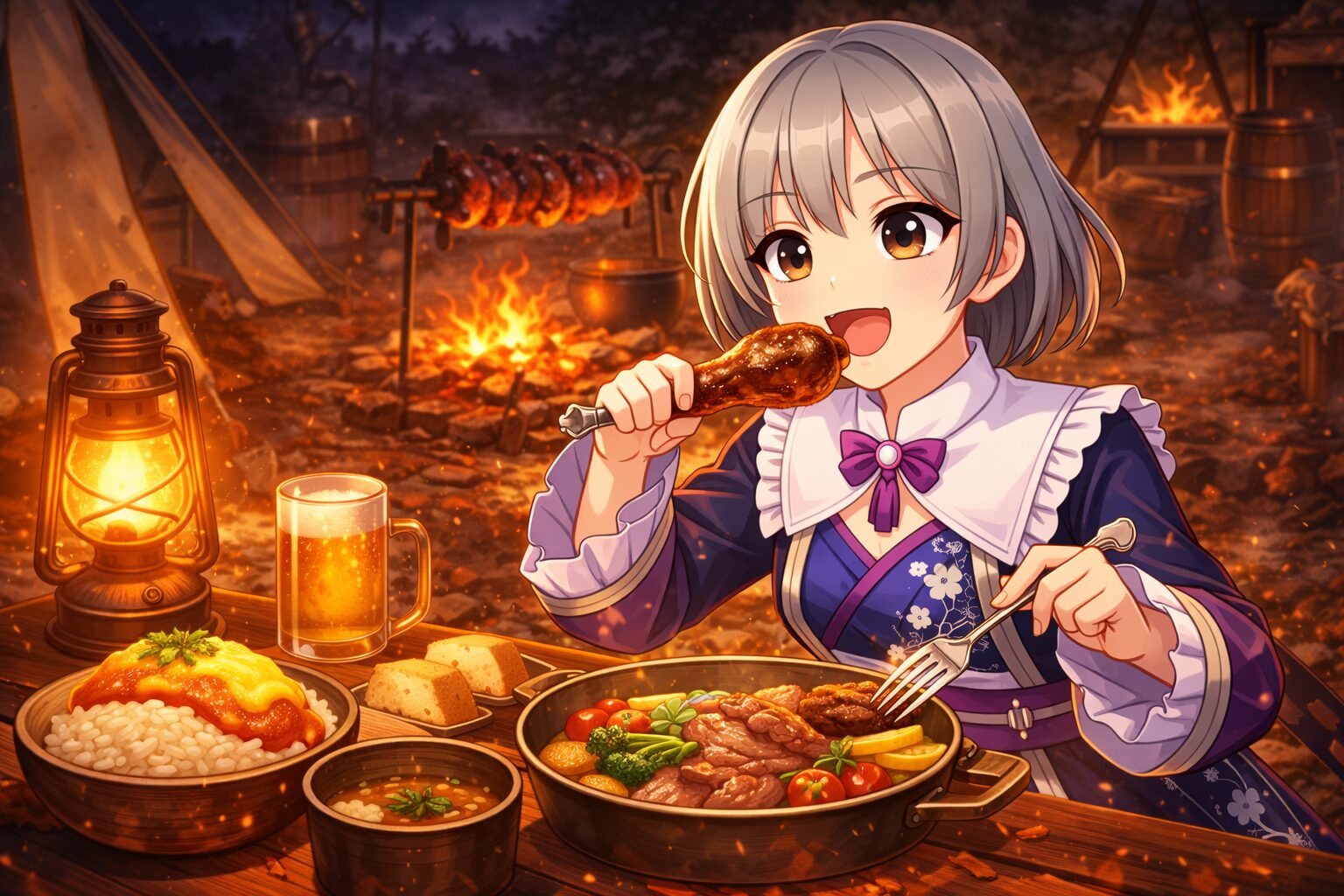 クエストに行く前に食事をしているハンター