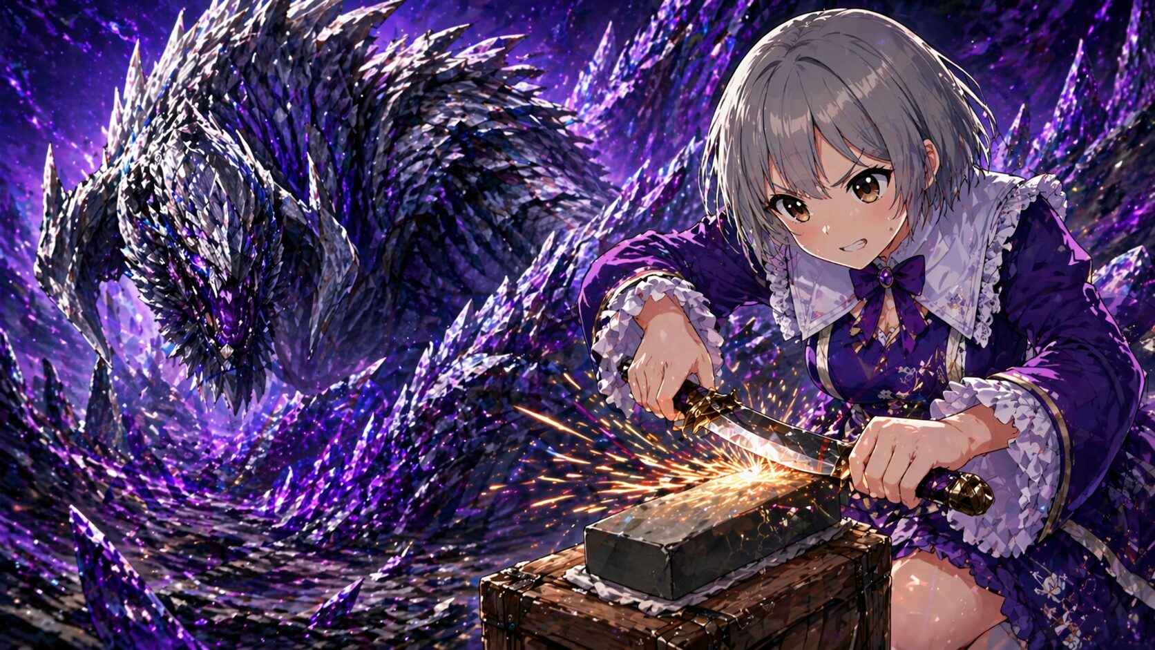 砥石を使っているハンター