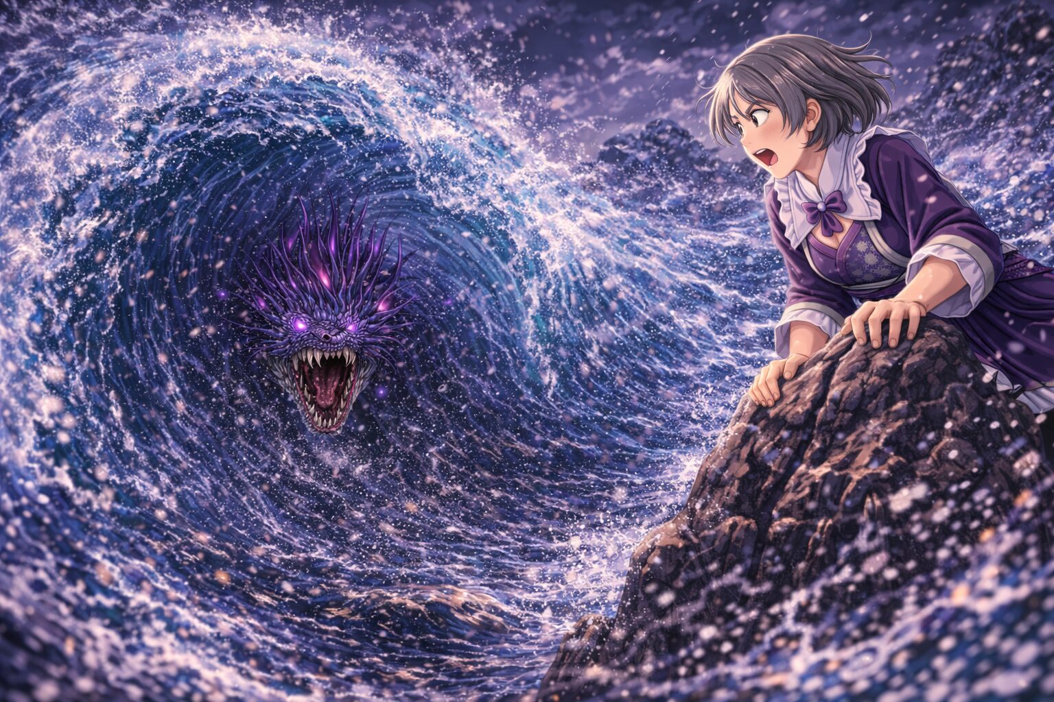 大津波を避けているハンター