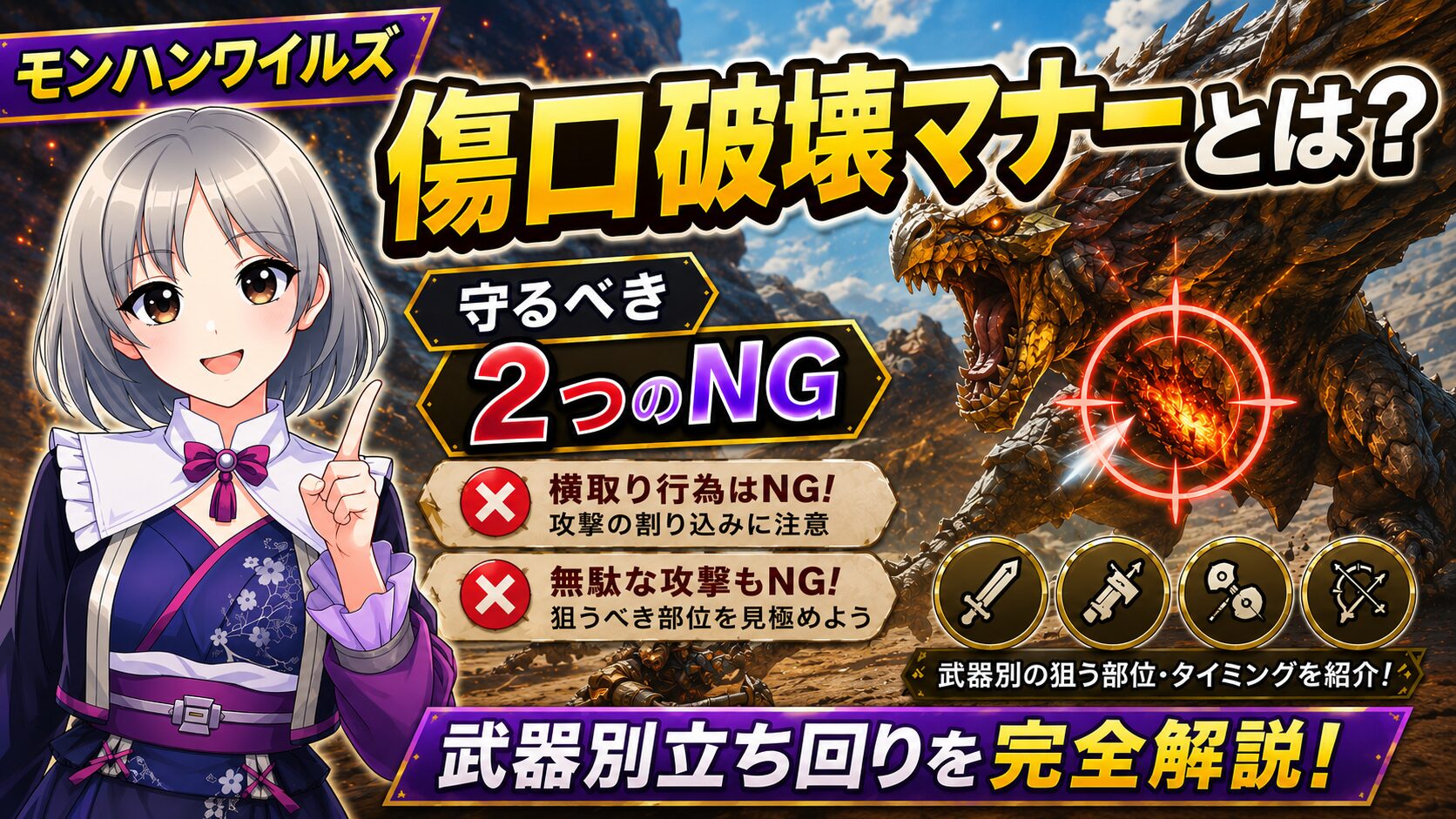 【モンハンワイルズ】傷口破壊マナーとは？守るべき2つのNGと武器別立ち回りを完全解説！