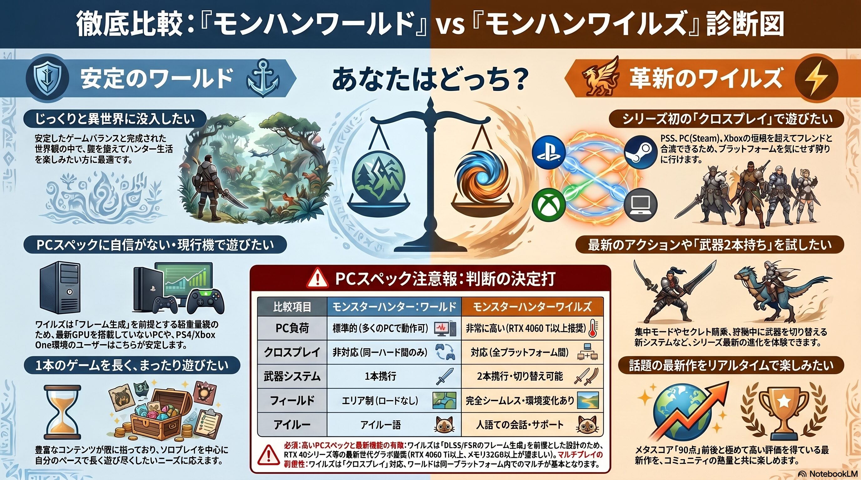 モンハンワイルズ・ワールドどちらが自分にあって面白いか早見表解説！
